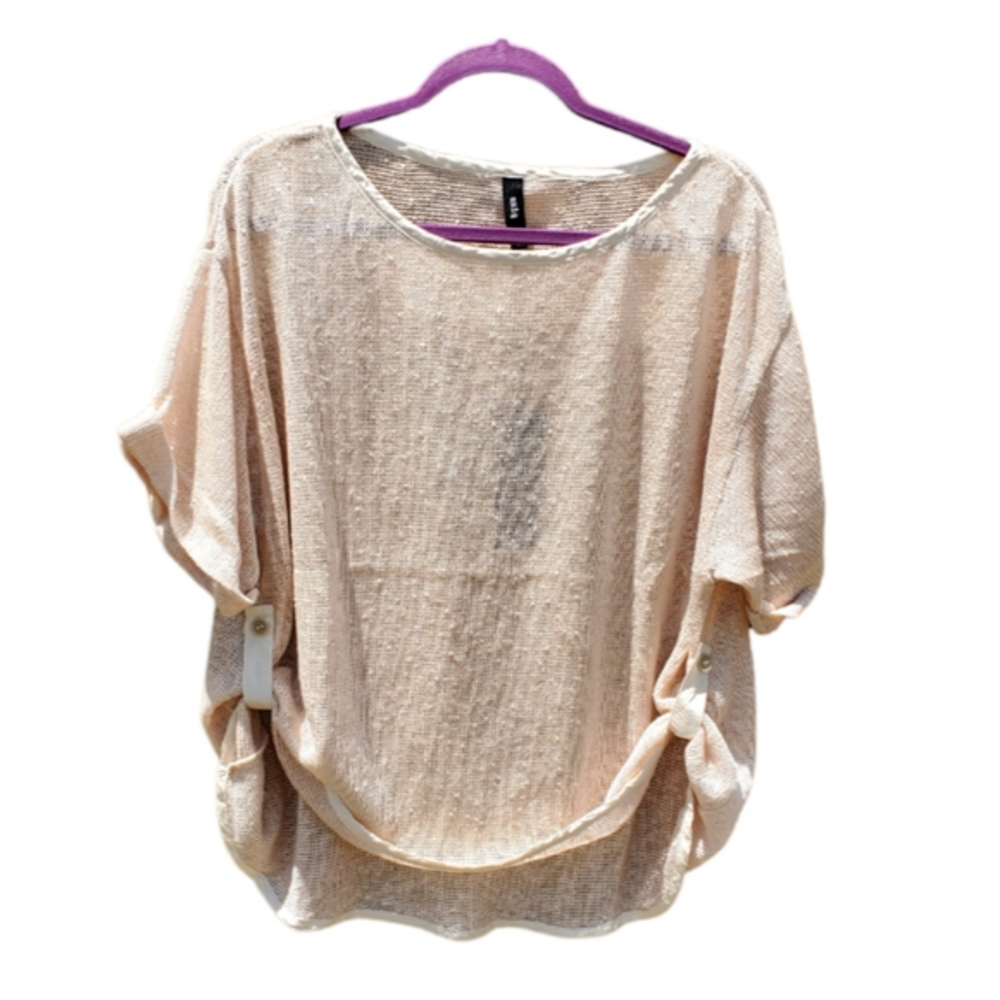 Uniq Cream Sheer Knotted Blouse‎ Top Side Buttonup Medium NWT